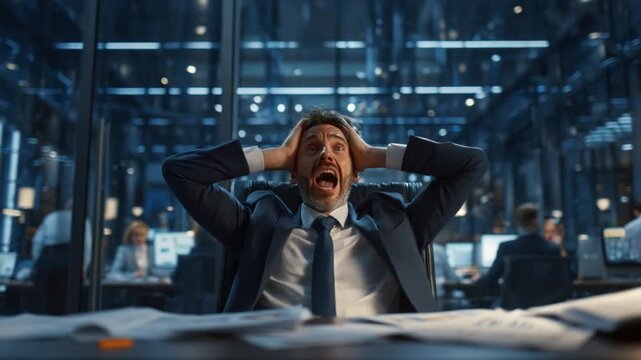 Business Crisis: A stressed professional, amidst the bright lights of his office, grappling with an urgent business predicament, a sense of panic underscored by the setting sun.
