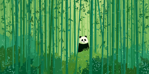 A cute, smiling panda bear peeking from behind a dense, stylized green bamboo forest.