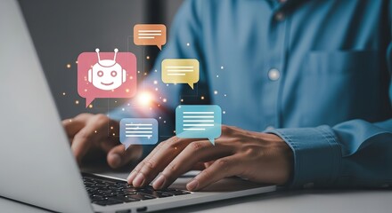 Closeup of hands typing on a laptop with colorful chat bubbles and a friendly robot icon, representing ai chatbot interaction and communication