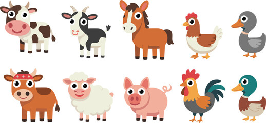 Cute cartoon farm animals vector set including cow, goat, horse, chicken, pig, sheep, duck, rooster, child-friendly design.