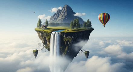 Surreal Floating Island with Waterfall, Mountain Peak, and Hot Air Balloon Journey © Supri