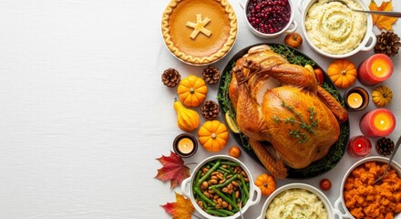 Artfully Arranged Thanksgiving Table with Roasted Turkey, Pumpkin Pie, and Ample Copy Space.