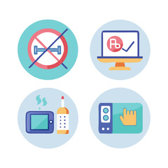 Four circular icons representing health and technology concepts