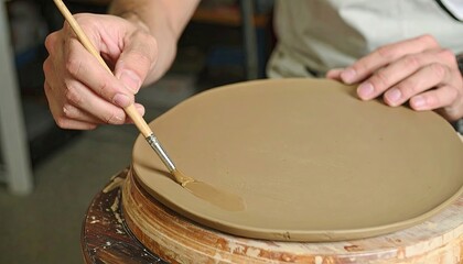 Hands Applying Slip to Clay Plate with a Soft Brush