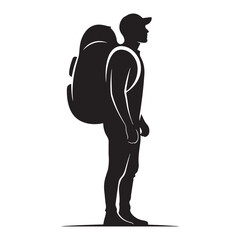 Black Silhouette of Hiker with Backpack Vector on White Background