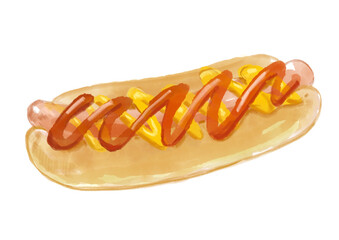 ケチャップとマスタードのかかった美味しそうなホットドッグの手描き水彩イラスト