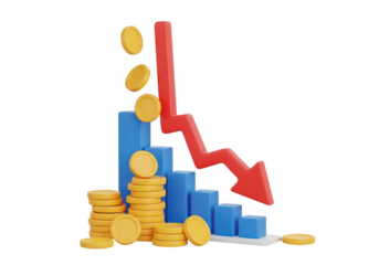 Red arrow and coins with graph isolated on transparent background