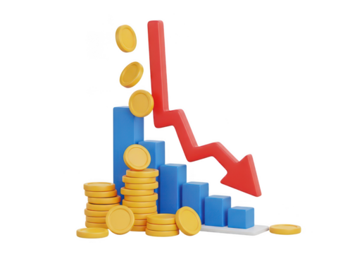 Red arrow and coins with graph isolated on transparent background