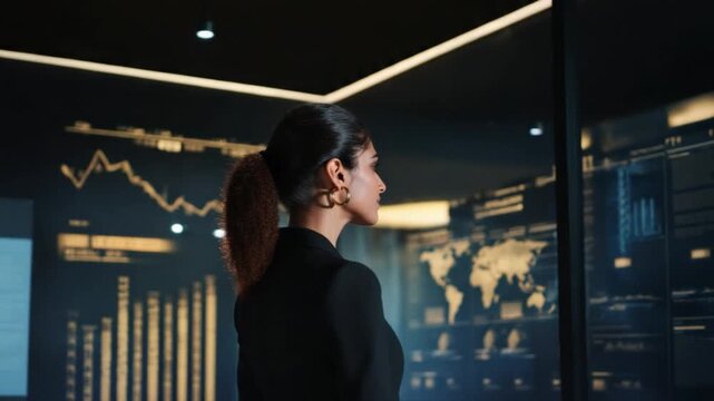 Financial Analyst Navigating Market Data: A focused individual assesses complex financial data, immersed in a high-tech environment filled with intricate charts and graphs, making crucial decisions.