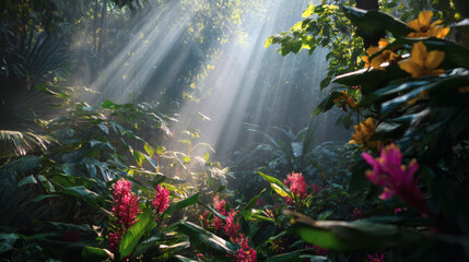 A stunning scene of sunlight filtering through the trees in a tropical rainforest, highlighting the lush, vibrant foliage and flowers.