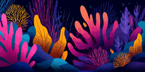Vibrant illustration of a magical underwater coral reef with glowing pink and orange marine plants against a dark blue sea.