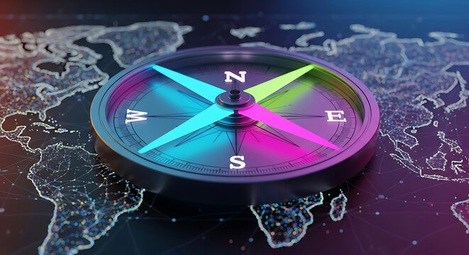 Modern Compass on Digital World Map with Neon Colors for Travel and Direction
