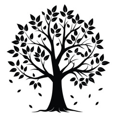Obraz premium Black Silhouette of Deciduous Tree with Falling Leaves in Isolated Vector Illustration