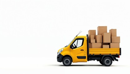 Yellow delivery truck loaded with cardboard boxes, ready for transport. Side view of commercial vehicle for logistics, shipping, cargo movement. Urban road transport operation with supply chain