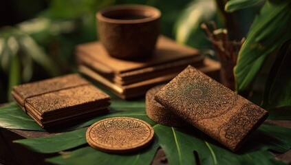 Cork products, teacup, and notebooks in a lush setting