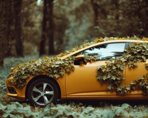 Naklejka premium Modern Eco-Friendly Regenerative Braking Car with Leafy Body in Forest Premium Sustainable Vehicle Content for Green Marketing Campaigns