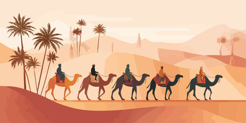 Silhouetted riders on a camel train with colorful saddles, a flat vector style illustration.