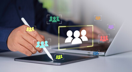 Niche marketing and personalization concept. Marketing segmentation strategy and consumer analysis. Marketer using laptop computer to analyze target customer data.