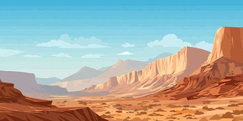 Naklejka premium A vibrant, stylized illustration of a vast desert canyon with layered red rock mountains and mesas under a clear blue sky with clouds.