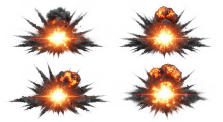 Four explosions with smoke clouds on transparent background