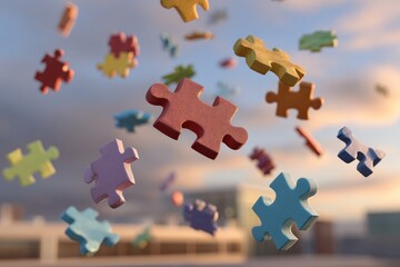 Colorful puzzle pieces floating in the air above city skyline