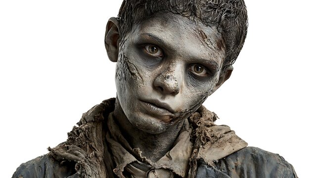 A portrait of a young person with zombie makeup and tattered clothing on a white background close up