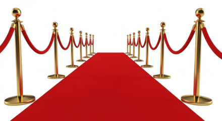 A red carpet with golden posts on transparent background
