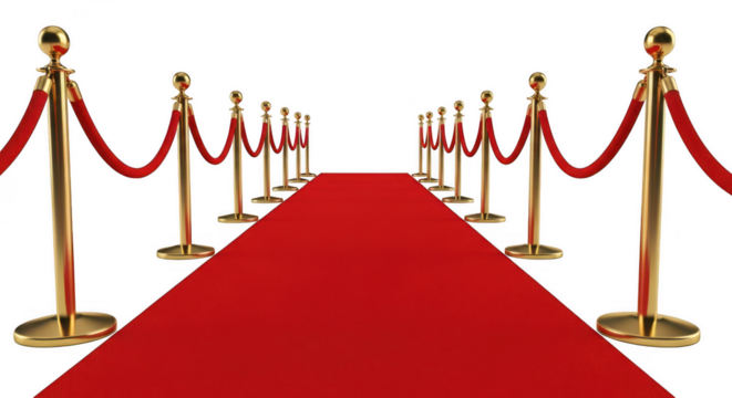 A red carpet with golden posts on transparent background