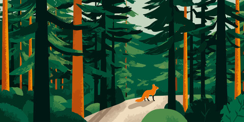 Vibrant graphic illustration of a dense pine forest with a solitary orange fox on a winding path.