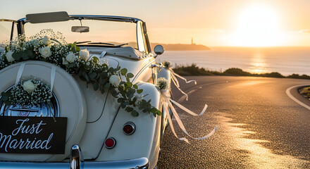 Romantic wedding getaway car with a beautiful sunset ocean view perfect for celebrating love and