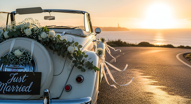 Romantic wedding getaway car with a beautiful sunset ocean view perfect for celebrating love and