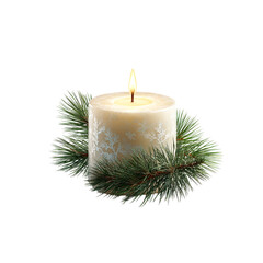 Warm glowing candle with winter tree design and evergreen branches, perfect for holiday ambiance