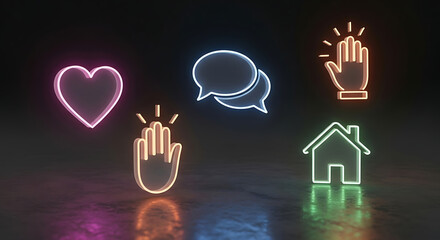 Neon Social Media Icons Glowing on a Dark Background with Reflections