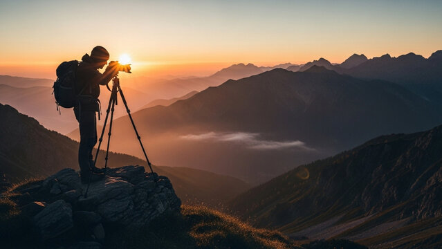 Photographer captures the sunrise over majestic mountain peaks with professional equipment