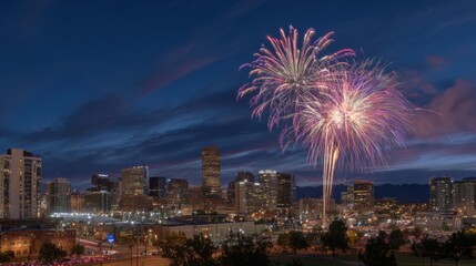 Fireworks Illuminate the Denver Skyline During a Summer Celebration as Night Falls Over the City