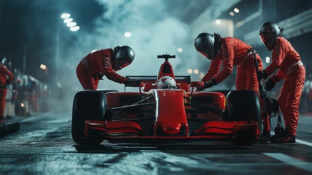 An exciting Formula 1 pit stop sees skilled mechanics rapidly changing tires with highspeed precision and expertise