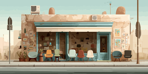 Artistic illustration of a rustic storefront displaying a variety of colorful modern chairs.