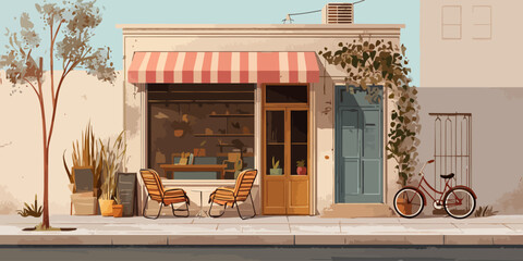 Charming illustrated storefront with a red striped awning, outdoor seating, and a bicycle.