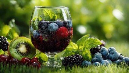 Refreshing fruit drink in a glass, surrounded by berries and kiwi, on a grassy surface