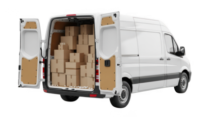 White van filled with box cargo on transparent background