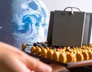 Hand holding abacus, Earth, and shopping bags