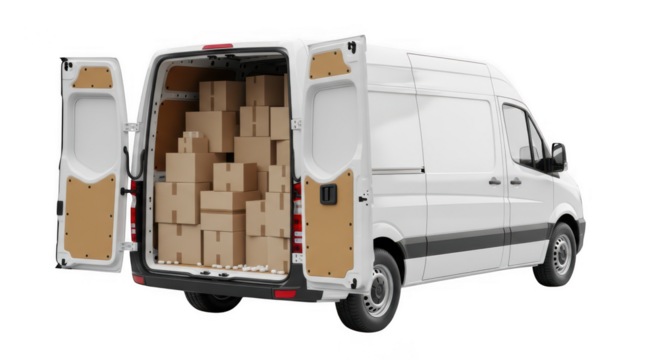 White van filled with box cargo on transparent background