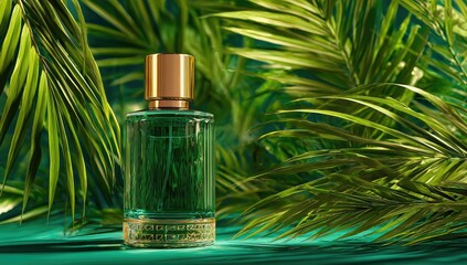 Fototapeta premium Teal perfume bottle amidst lush tropical foliage