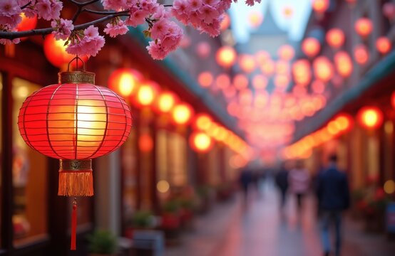 Chinatown street glows with festive red lanterns during Mid-Autumn Festival celebrations. Cherry blossoms adorn branches overhead. People walk along illuminated pathway, enjoying vibrant cultural