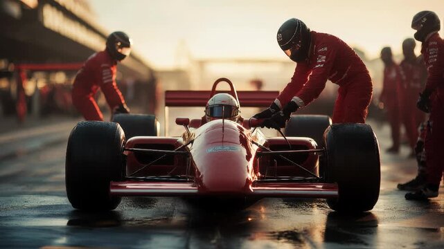 An exciting Formula 1 pit stop sees skilled mechanics rapidly changing tires with highspeed precision and expertise