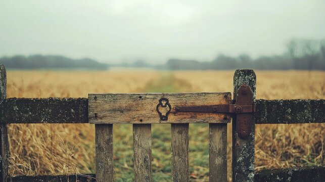A weathered wooden gate with a rusty lock, set against a backdrop of a field of dry grass and a cloudy sky. - Powered by Adobe