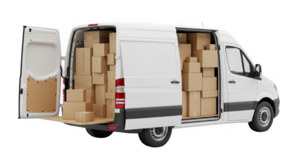 White van filled with boxes open on transparent background