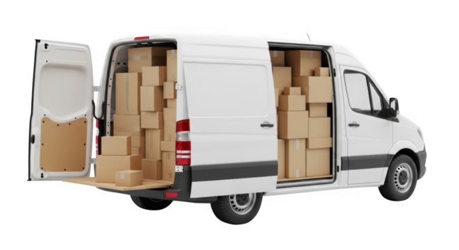 White van filled with boxes open on transparent background