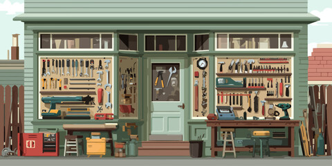 Illustrated facade of a classic green workshop with neatly organized tools in display windows.