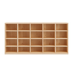 Elegant light brown wooden shelf with empty shelves against a black background interior